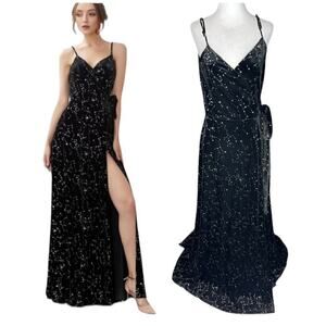 Zapaka Black Star Print Wrap Maxi Dress size 6 whimsical fairy sparkly celestial